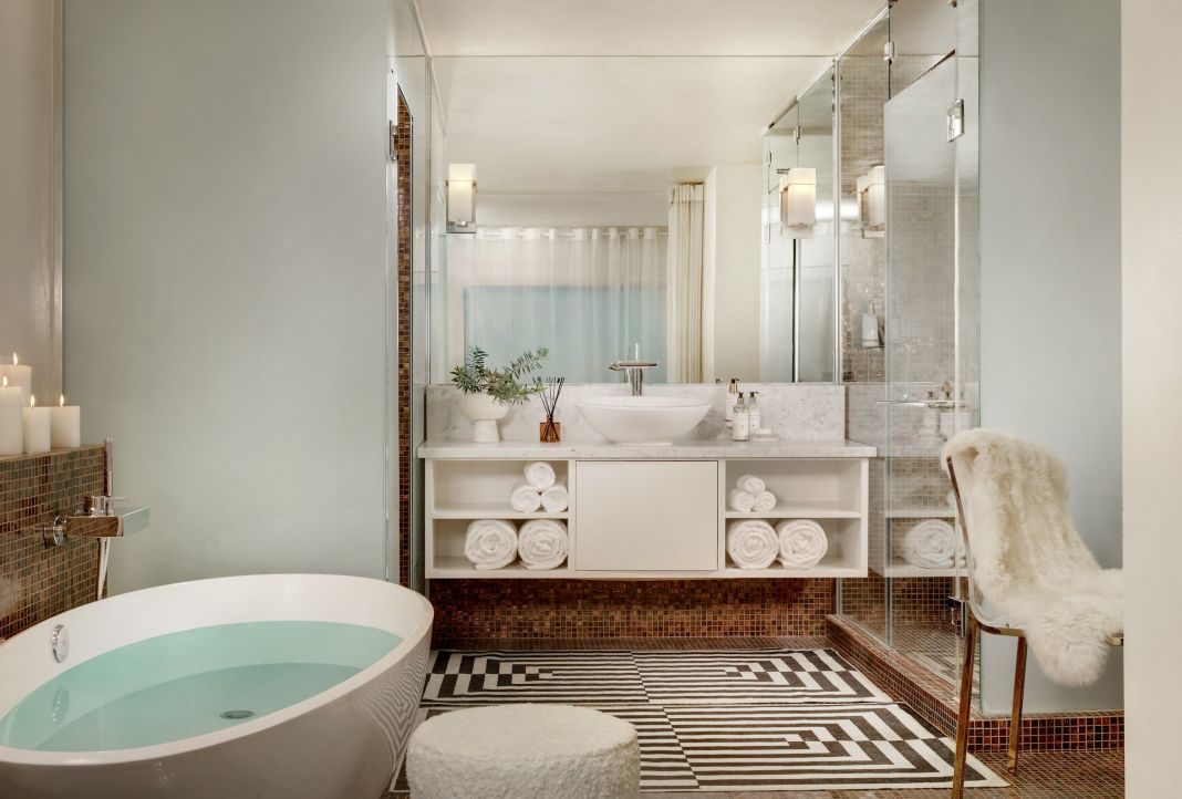 Presidential Bathroom with large bathtubat The Huntley Hotel in Santa Monica